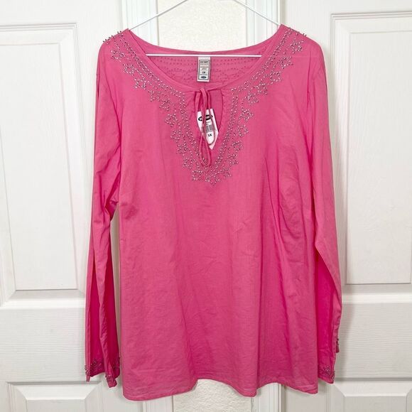 Old Navy Pink Long Sleeve Cotton Mini Sequins Scoop Tie Neck Tunic Top NWT 1X - Picture 1 of 13
